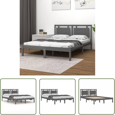 The Living Store Cadre de lit sans matelas gris 200x200 cm bois massif - Cadre De Lit - Lit Double - Lit En Bois - Bois Massif - Tête De Lit (1/5)