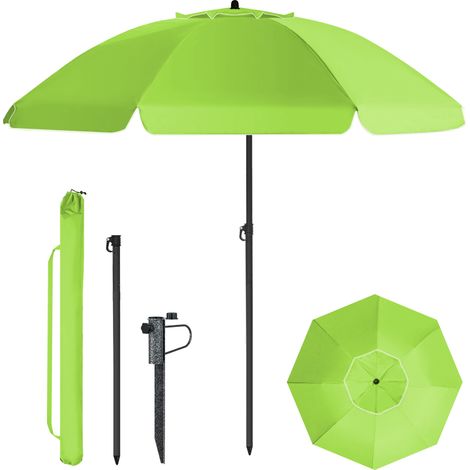 HOMEDEMO Parasol Plage Inclinable avec Revêtement Argenté, Protection Solaire UV50+, avec Pied de parasol à piquer & Housse de Protection, pour Terrasse, Piscine, Marché, 200cm, Vert clair