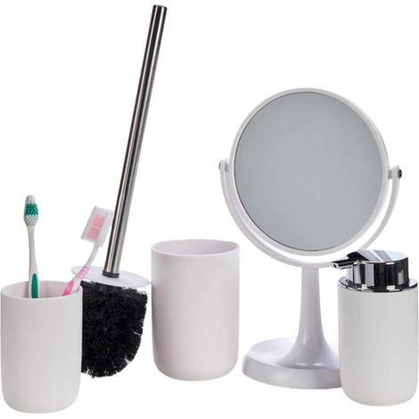Ensemble de salle de bain blanc 4 en 1 : miroir, brosse, tasse, porte-savon, cadeau (1/5)