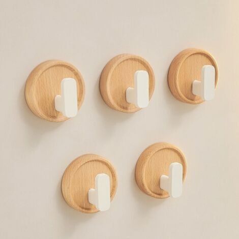 Ganci in legno massello bianco, 5 ante, ganci per ingresso di servizio, ganci adesivi, appendiabiti senza foratura, ganci multifunzionali