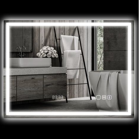 Miroir de salle de bain LED 80x60 cm en verre trempé argenté avec Bluetooth, anti-buée – MEUBLIV (1/5)