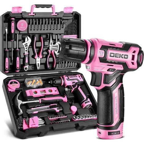 Werkzeugkoffer 133-teilig mit 12V Akkuschrauber, Rosa, für Haushalt & Heimwerken (1/5)