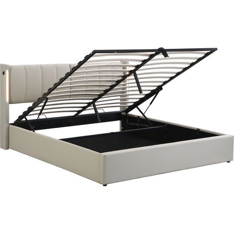 Polsterbett mit LED und Stauraum, 140 x 190 cm, PU grau, verstellbares Kopfteil, Lattenrost (1/5)