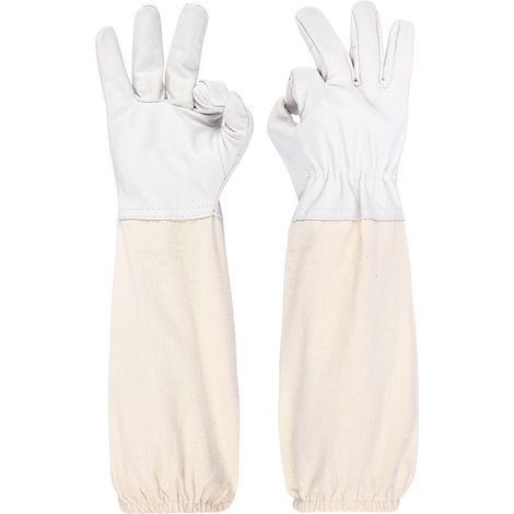 Gants de protection apicole, paume en peau de chèvre respirante avec manches longues en toile, gants de manipulation d'abeilles à trois doigts, fournitures apicoles résistantes aux perforations pour a (1/5)