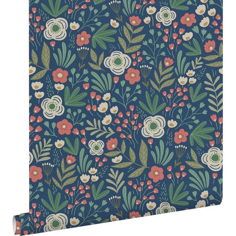 papier peint fleurs bleu foncé, vert et terracotta - ESTAhome (1/5)