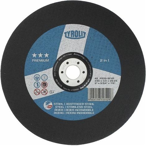 Disque à tronçonner Premium moyeu déporté coupe acier-inox Ø 230 épaisseur 3 mm alésage 22.2 mm - TYROLIT SA