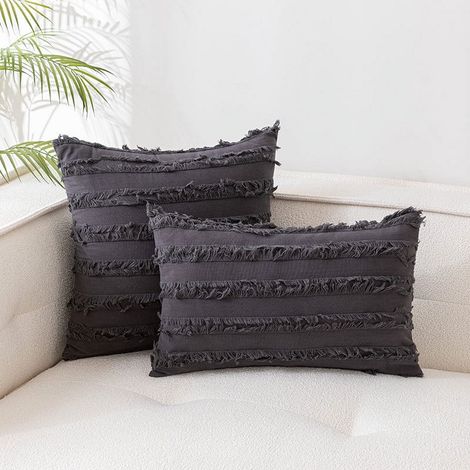 Housse De Coussin - Lin - Rayée - 30 x 50 cm - Gris Foncé - Lot De 2 (1/5)