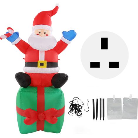 180cm/6ft Père Noël gonflable lumineux LED extérieur avec bâton assis sur boîte cadeau 100-240V prise UK (1/5)