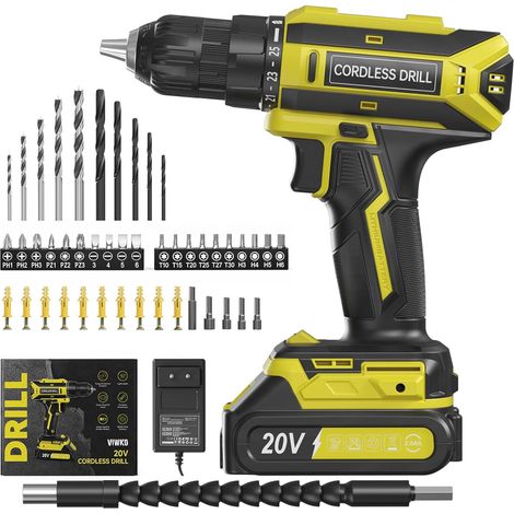 20 V Cordless Drill Driver 25 + 1 Torque Adjustments, Max 42 Nm Drill, LED, Set of 56 Accessories for Maintenance and DIY, Yellow (1/5)