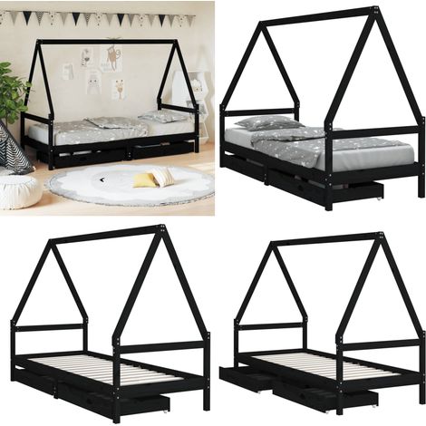 Kinderbett mit Schubladen Schwarz 90x200 cm Massivholz Kiefer - Holz Kinderbett - Kiefernholz Kinderbett - Kinderbett Haus - Schubladentücher - Jugendzimmer Dekoration - Home & Living (1/5)