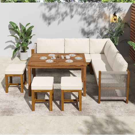 7-teiliges Gartenmöbelset aus Akazienholz, Seil und Polyester in Beige/Natur, mit Tisch, Ecksofa und 3 Hockern für 7–8 Personen (1/5)