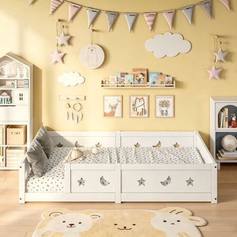 Lit Montessori, Lit au Sol Enfant 140x200, Lit double avec Barrière de Sécurité et Sommier à Lattes, blanc, pour Garçons et Filles, Enfants et Bébés, sans matelas