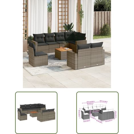The Living Store 9-tlg. Garten-Sofagarnitur mit Kissen Grau Poly Rattan - Gartensorte - Gartenmöbel Set - Outdoor Möbel - Lounge Garnitur - Rattan Gartenmöbel (1/3)