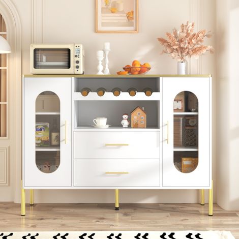 Buffet de salon, buffet blanc avec 2 tiroirs, 2 portes, façades en verre et casier à vin, base réglable, pour salle à manger, salon
