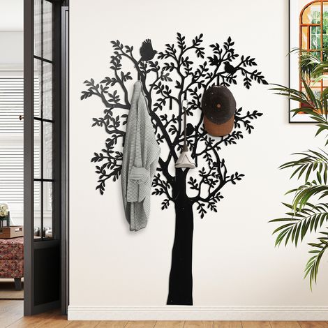 Wandgarderobe, Wandmontierter Mantelhaken, Baumdesign mit Vögeln, Schwarz