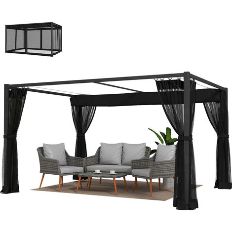 Pergola de jardin 3 x 4 m avec toit rétractable, 4 côtés en filet, protection UPF 30+, tonnelle d'extérieur, grise (1/5)