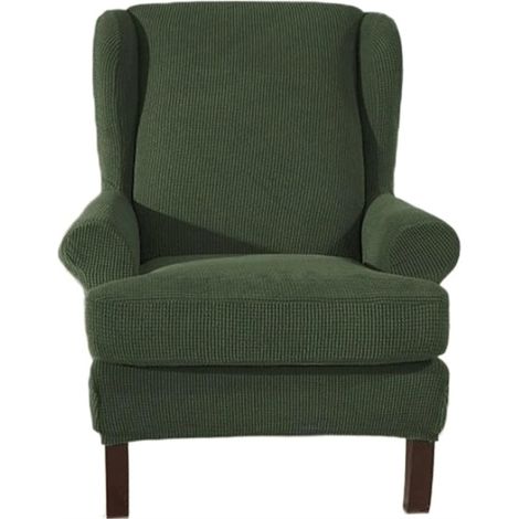 Housse Fauteuil à Oreilles – Carreaux Vert Armée – Élastique – Protection Confort (1/5)