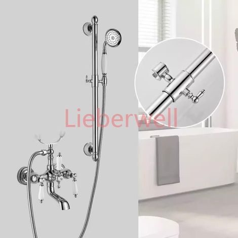 SWC15153 Vintage NARCYZ Brass Ceramic Shower Set, European Style Hot and Cold Bath Faucet with Hand Shower, Wall Mounted, Chrome Finish (1/5)