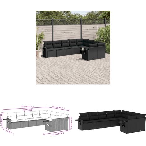 9-tlg. Garten-Sofagarnitur mit Kissen Schwarz Poly Rattan - Gartenmöbel - PE-Rattan Möbel - Outdoor Möbel - Lounge Set - Sofas - Home & Living