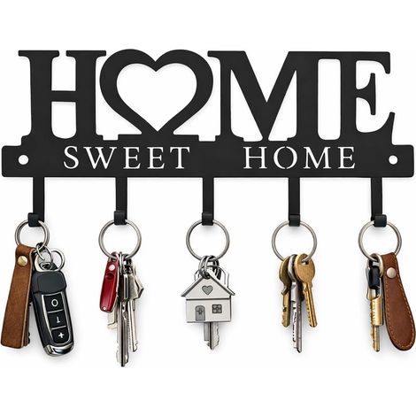 Porte-Clés Mural - 5 Crochets Métalliques en Fer - Design Silhouette Sweet Home avec Cœur - Noir Mat - 25 cm - Fixations Incluses (1/5)