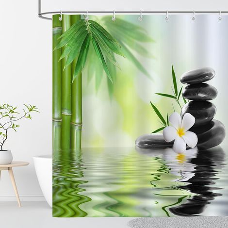 Zen Rideau Douche Anti Moisissure 120x200 Galet Bambou Imprimé Vert Noir Rideau de Douche Baignoire Tissu Imperméable Polyester Rideaux Salle de Bain Lavable Machine avec Anneaux (1/5)