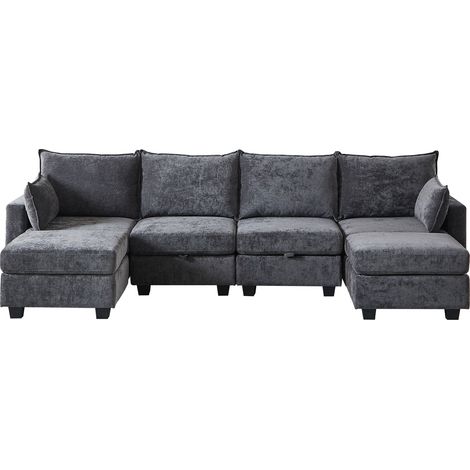 Canapé modulable en chenille 6 places en U avec ottomane de rangement (1/5)