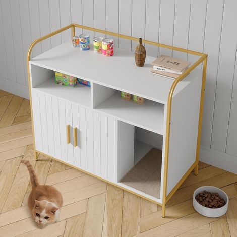 Armoire litière chat moderne Double porte, cadre métal, ventilation anti-odeurs, tapis griffoir Rangement multifonction pour intérieur - Blanc (1/5)