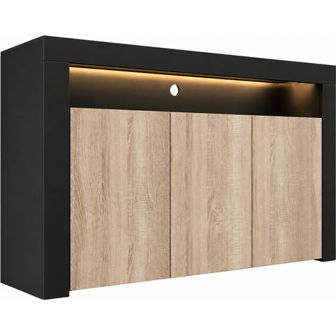 Aparador de salon 3 puertas con LED Aparador de cocina Mueble de salon Recibidor 155x91x37cm Modelo Aker Negro y Sonoma mate