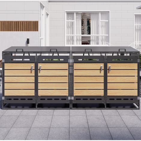 Cache-poubelles 4 bacs avec couvercle hydraulique 262x79x116 cm en fer noir aspect bois REDOM (1/5)