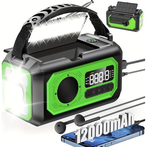 Filiyano – lampe torche LED – Radio d'urgence solaire, AM/FM, lampe torche LED, boussole, batterie 12 000 MAH, pour une utilisation en extérieur (1/2)
