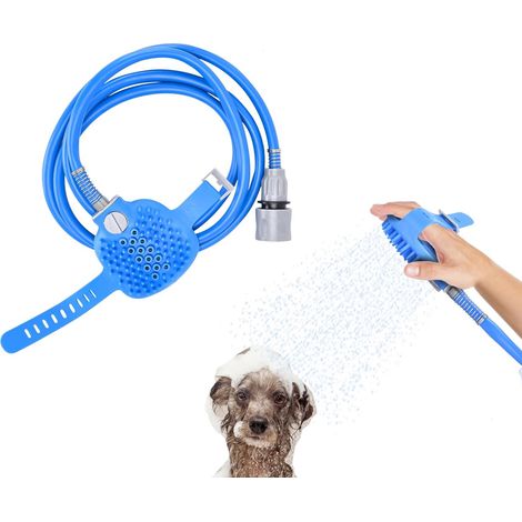Brosse de douche 2 en 1 pour chien - Outil de bain bleu pour animaux de compagnie avec tuyau d'arrosage pour le nettoyage intérieur/extérieur (1/5)