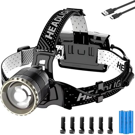 Lampe Frontale LED USB-C Rechargeable, Ultra Puissante 90000 Lumens 4 Modes Lampe Frontale avec Capteur, Batterie 9000mAh Zoom IP65 Étanche Angle de 90 ° Réglable pour Camping en Extérieur