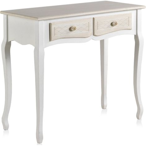 Console romantique en bois blanc avec deux tiroirs crème - Blanc crème bois clair