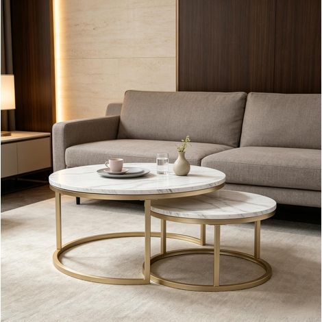 Tavolini da caffè rotondi 80/60 cm bianchi effetto marmo, set 2 pezzi in MDF e metallo (1/5)