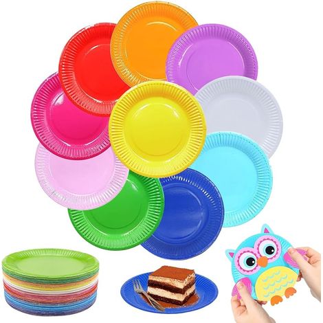 DIY-Teller, 100 Stück mehrfarbige Pappteller, runde Einwegteller (18 cm Durchmesser), biologisch abbaubare Pappteller, für Partys, Picknicks und Geburtstage (1/5)