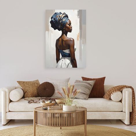 Wandbild Porträt einer Frau im Ethno Stil elegante Dekoration mit einem Turban in Beige und Marineblautönen 40x60 (1/4)