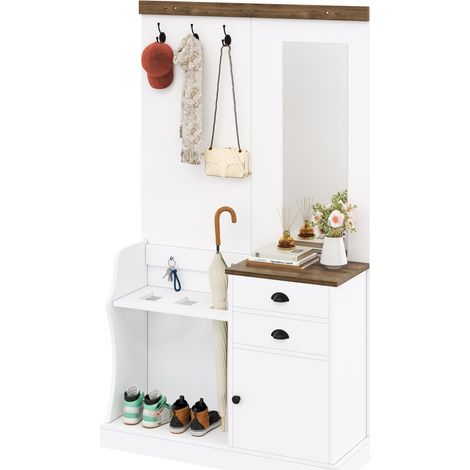 Meuble D'entrée 110,5 X 191 X 38 Cm Blanc Avec Miroir, Deux Tiroirs Et Porte-parapluie