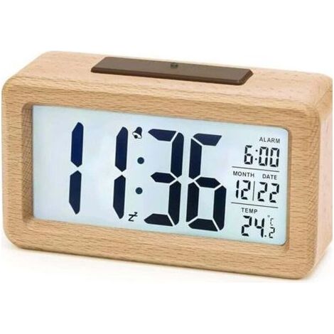 Digitaler Wecker, batteriebetriebener Wecker aus Holz mit großem LCD-Bildschirm, Digitaluhr mit Hintergrundbeleuchtung, Datumsanzeige, Temperaturanzeige, automatischem Lichtsensor und Schlummerfunktio (1/4)