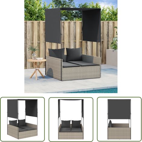 The Living Store Chaise longue double avec toit et rideaux gris clair poly rotin - Chaises Longues Doubles - Transats - Bain De Soleil - Mobilier De Jardin - Chaises Extérieures (1/5)