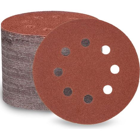 Lot de 100 disques abrasifs à grain 120 - 125 mm - 8 trous - Papier abrasif de 5" - Avec dos en fibre - Pour ponceuse excentrique (1/5)