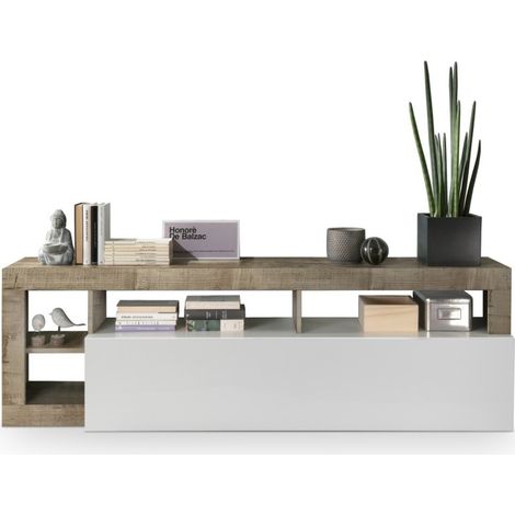 Mueble de TV 1 puerta, colección BURA, color blanco lacado brillante y roble claro