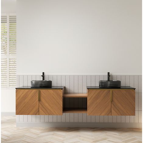 Waschtisch Sperrholz Braun-Eiche/Schwarz, 192 cm, wandhängend, mit 2 Glasbecken, Sinterstein-Arbeitsplatte und Stauraum (1/4)