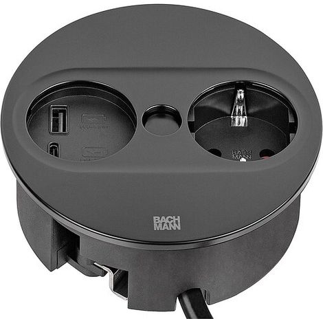 Bachmann TWIST 2 Tischsteckdose 1x Schuko, 1x USB-A/-C Charger, schwarz matt, rund - 2 m (1/3)