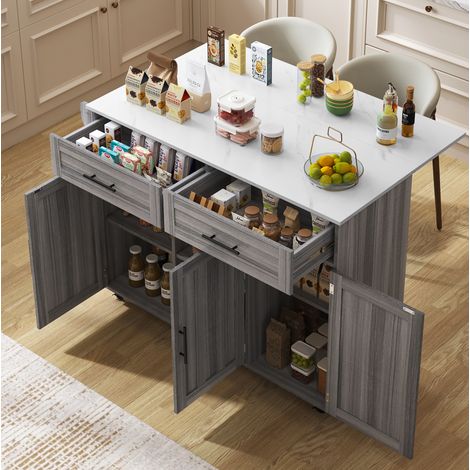 Meuble de cuisine îlot sur roulettes avec plateau rabattable, 2 tiroirs, blanc et gris HAVRYA (1/5)