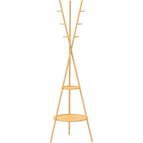Freistehende Garderobe aus Naturbambus mit 9 Haken und 2 Ablagen (1/5)