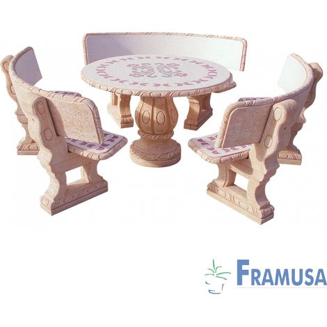 CONJUNTO COMEDOR PIEDRA CIRCULAR JARDIN CASTAÑO PARSIFAL ROJO PULIDO Y DECORADO CON RESPALDO OCRE