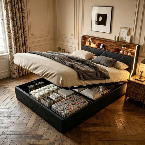 Lit coffre 160x200 cm avec tête de lit à ports USB et éclairage LED, cadre capitonné en simili cuir noir, sommier à lattes inclus – Design géométrique moderne