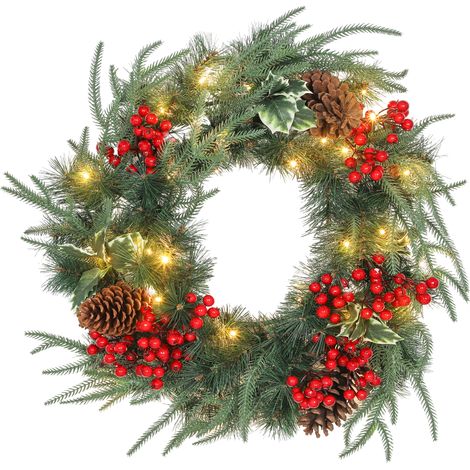 Ghirlanda natalizia luminosa da 60 cm con 35 LED, timer, 170 punte, pigne, bacche, foglie di agrifoglio, verde (1/5)