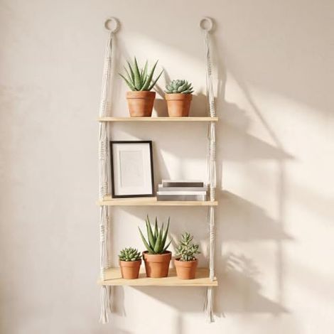 Étagère Murale en Bois à 3 Niveaux – 95 cm – Design Bohème avec Corde en Coton et Pompons – pour Plantes, Livres, Parfums, Épices – Gain de Place Petite Surface – Idée Cadeau Déco Maison (1/5)