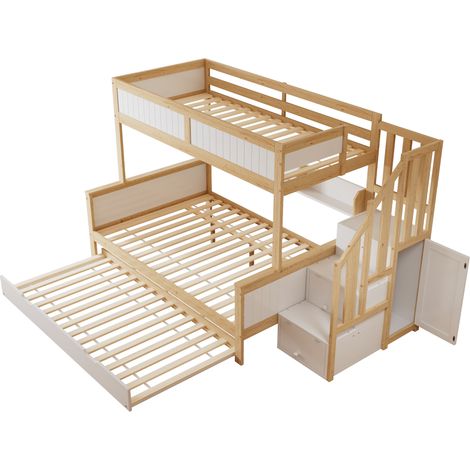 CAIziLit superposé, lit pour enfant, avec protection antichute et barrière, conçu avec trois positions de couchage, avec lit gigogne, avec armoire, escalier d'angle, pin+MDF, blanc+naturel, 90x200&90x (1/5)